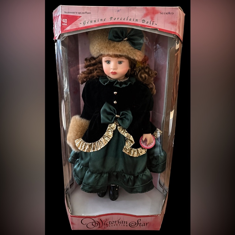 Victorian Star Porcelain Doll 16” NIB Green Dress Fur Hat Collectible
